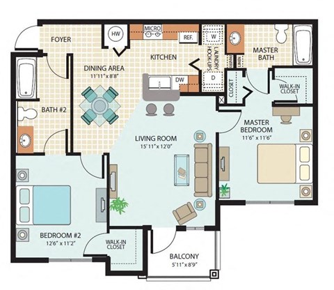 Two Bedroom Floor Plan at Booker Creek Apartments in St. Petersburg, FL